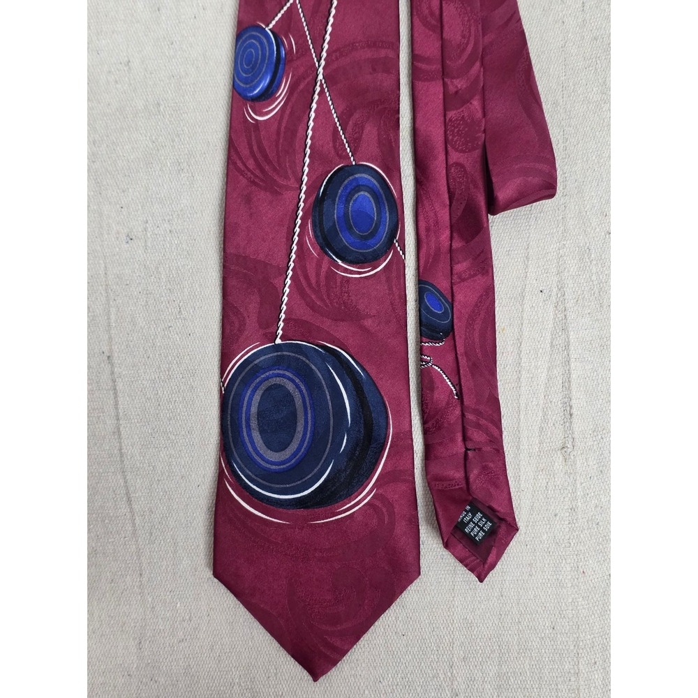 Bachrach Mens Silk Tie Burgundy Blue Yo-Yo Graphic Print Made in Italy Luxury